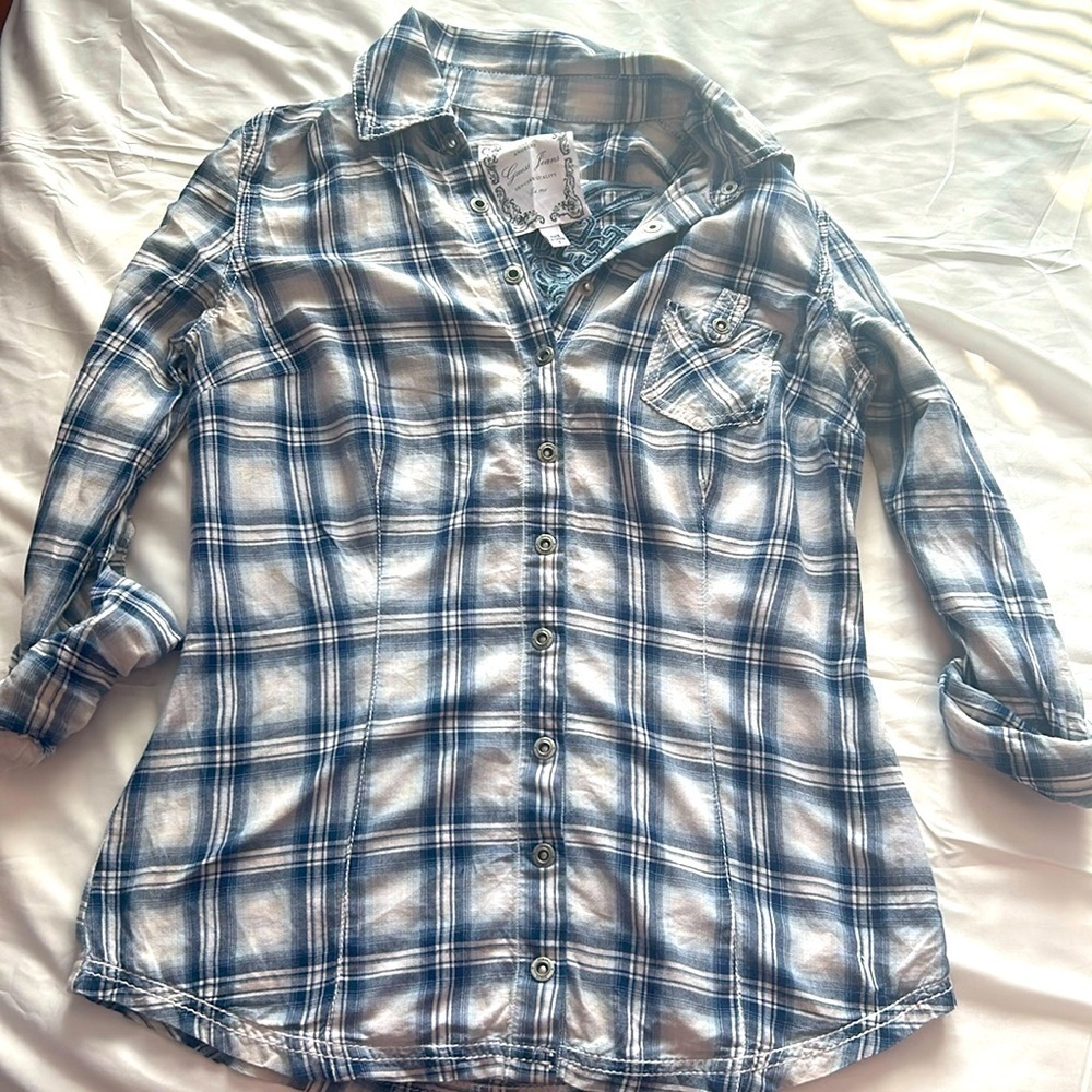 Vintage Blue and White Guess Embossed Plaid Snap Button Down Shirt Size Small